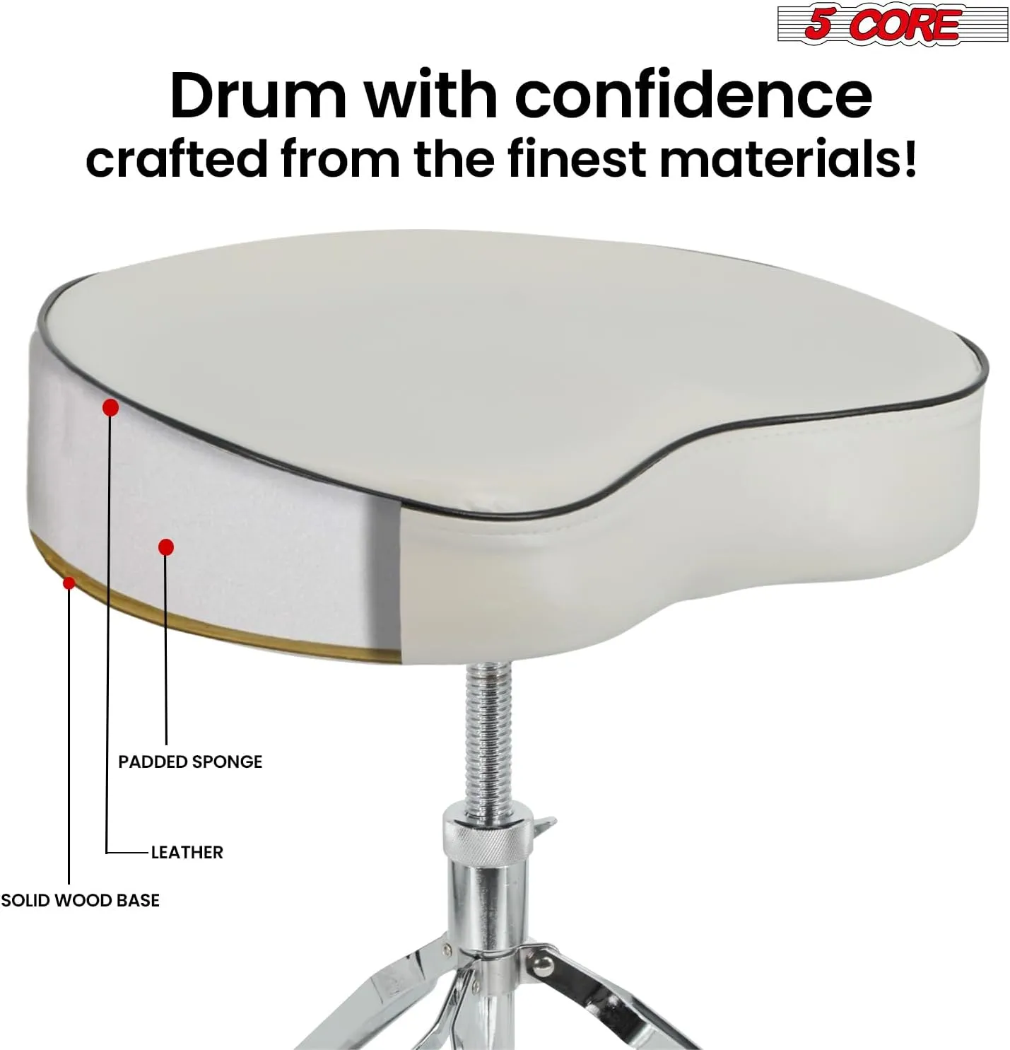5 CORE Drum Throne 4" Thick Padded Guitar Stool Adjustable Heavy Duty Music Chair Seat Universal for Adults & Kids with Anti Slip Rubber Feet DS CH WH SDL HD