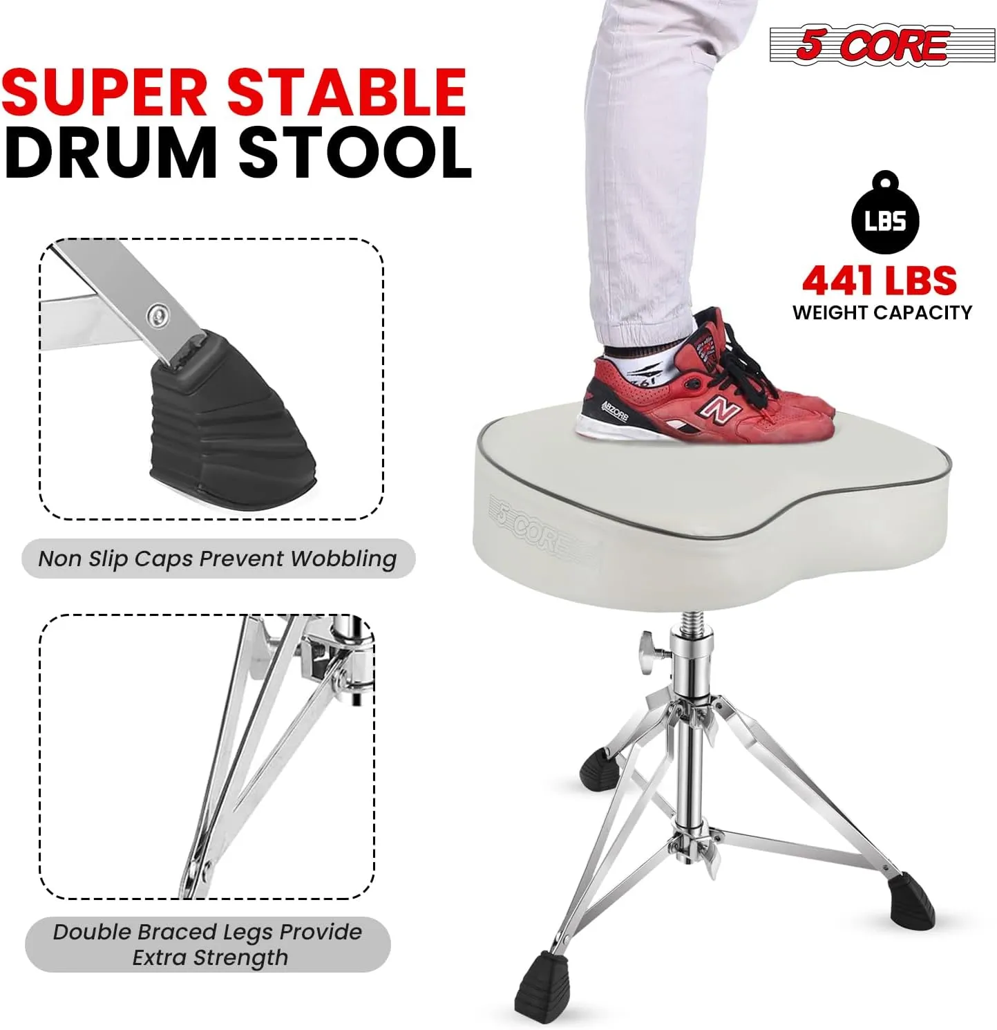 5 CORE Drum Throne 4" Thick Padded Guitar Stool Adjustable Heavy Duty Music Chair Seat Universal for Adults & Kids with Anti Slip Rubber Feet DS CH WH SDL HD