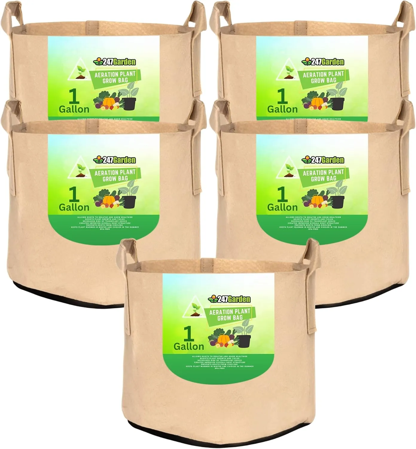 5-Pack 1-Gallon Aeration Fabric Pot/Plant Grow Bag w/Handles (260 GSM, Tan w/Black Base, 6H x 7D)