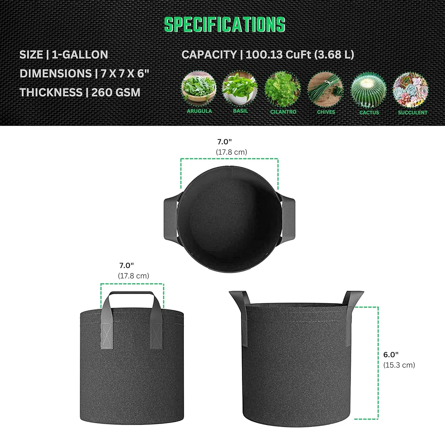 5-Pack 1-Gallon Aeration Fabric Pot/Plant Grow Bag w/Handles (260 GSM, Tan w/Black Base, 6H x 7D)