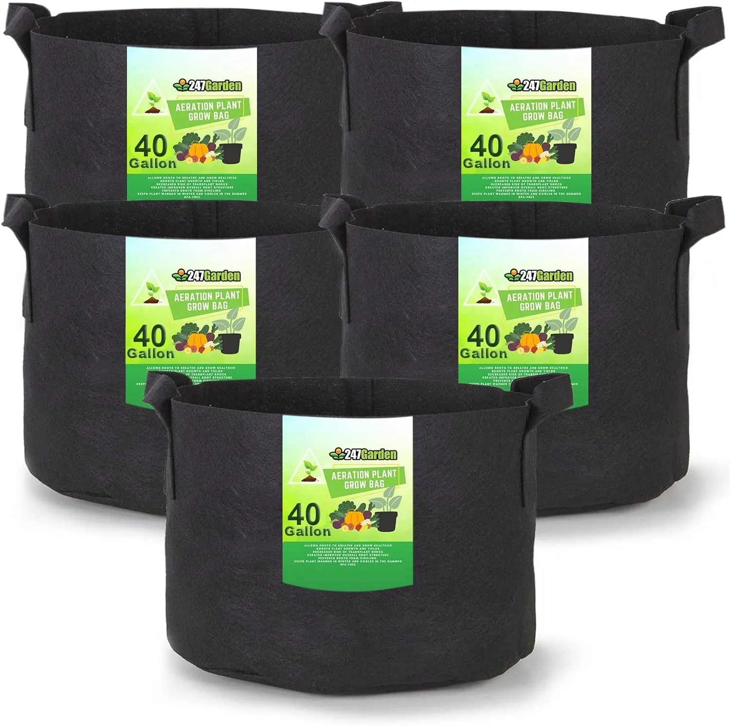 5-Pack 40-Gallon Aeration Fabric Pot/Plant Grow Bag w/Handles (260 GSM, Black, 17H x 26.5D)