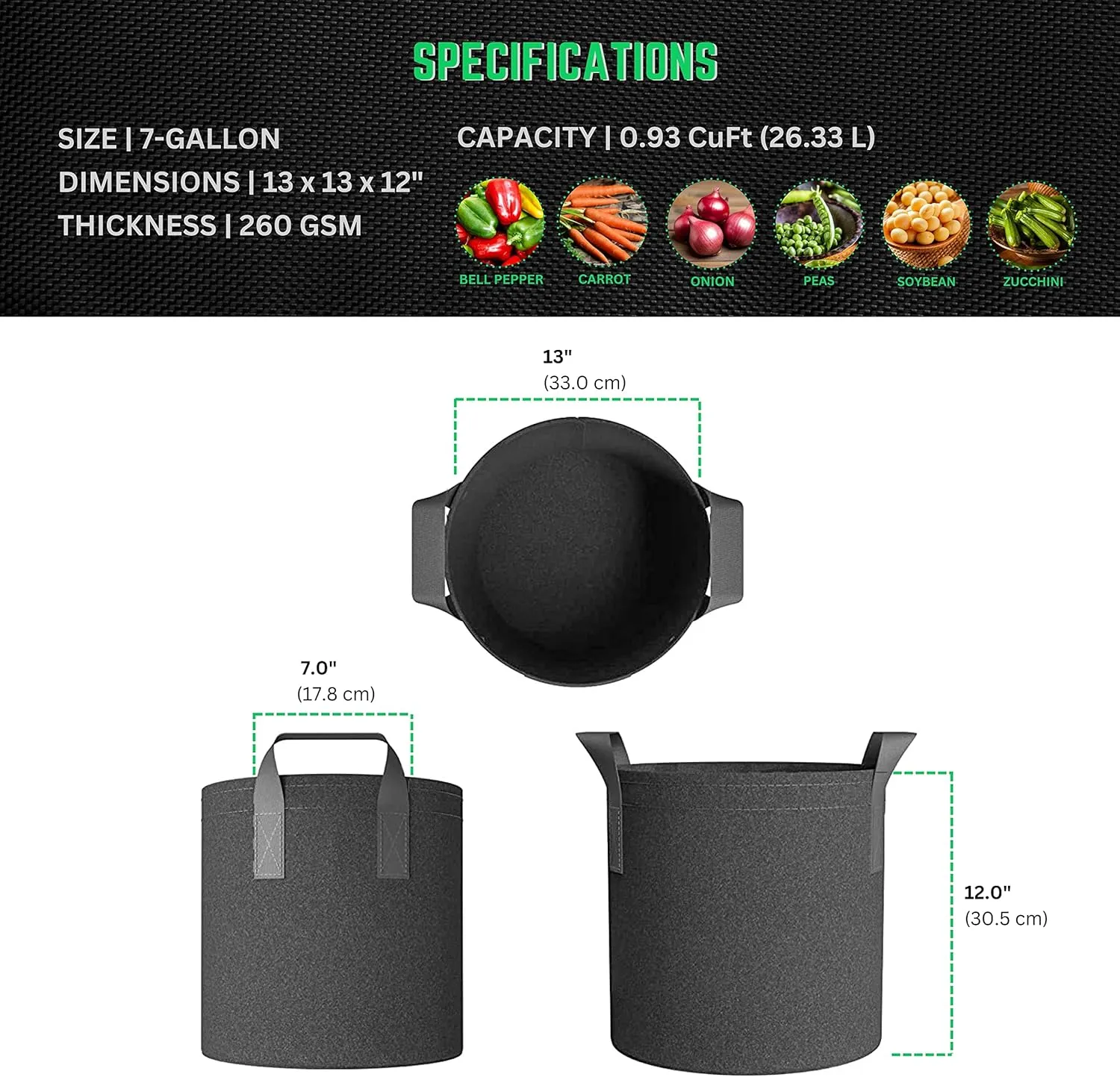 5-Pack 7-Gallon Aeration Fabric Pot/Plant Grow Bag w/Handles (260 GSM, Black, 12H x 13D)