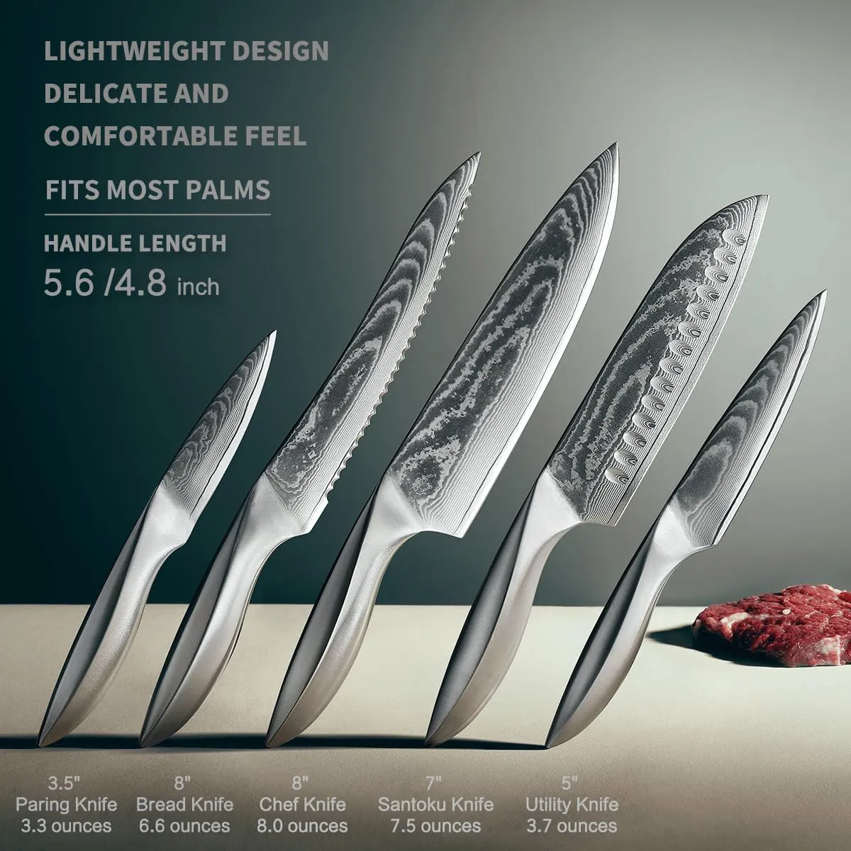 5 PCS Damascus Chef Knife Set, Ultra-Smooth Cutting Experience and Professional Grade Sharp, Kitchen Knife Set,Handle Ergonomic Design,9CR18MOV High Carbon Stainless Steel,Dishwasher Safe