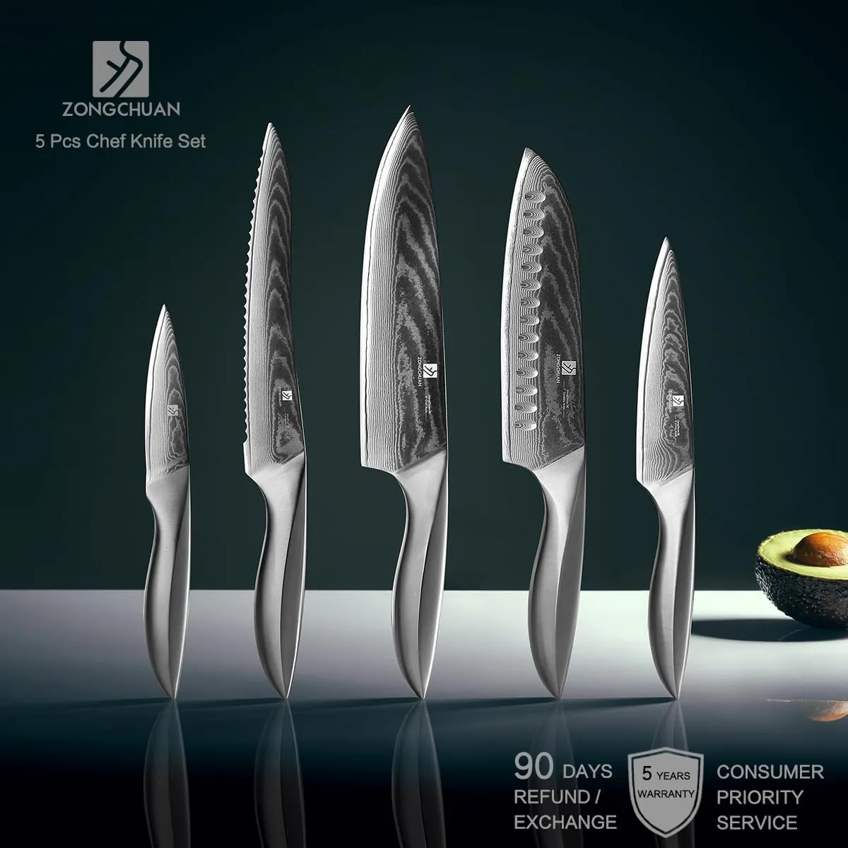 5 PCS Damascus Chef Knife Set, Ultra-Smooth Cutting Experience and Professional Grade Sharp, Kitchen Knife Set,Handle Ergonomic Design,9CR18MOV High Carbon Stainless Steel,Dishwasher Safe