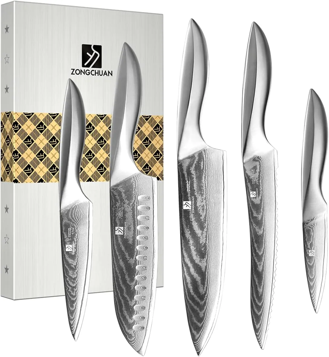 5 PCS Damascus Chef Knife Set, Ultra-Smooth Cutting Experience and Professional Grade Sharp, Kitchen Knife Set,Handle Ergonomic Design,9CR18MOV High Carbon Stainless Steel,Dishwasher Safe