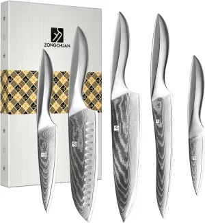5 PCS Damascus Chef Knife Set, Ultra-Smooth Cutting Experience and Professional Grade Sharp, Kitchen Knife Set,Handle Ergonomic Design,9CR18MOV High Carbon Stainless Steel,Dishwasher Safe