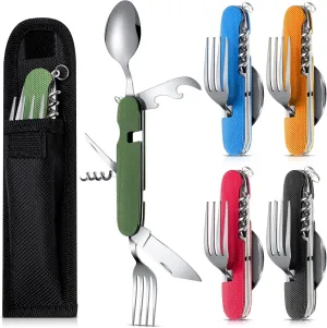 5 Pcs Travel Utensil Set 6 in 1 Multifunction Flatware Portable Stainless Steel Spoon Fork Knife Bottle Opener Combo Mess Kit with Carrying Pouch Camping Cutlery for Travel, Backpacking, Hiking