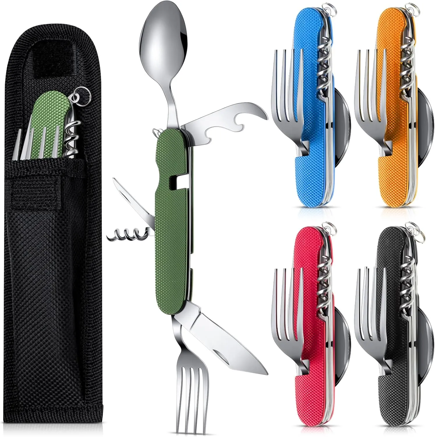 5 Pcs Travel Utensil Set 6 in 1 Multifunction Flatware Portable Stainless Steel Spoon Fork Knife Bottle Opener Combo Mess Kit with Carrying Pouch Camping Cutlery for Travel, Backpacking, Hiking