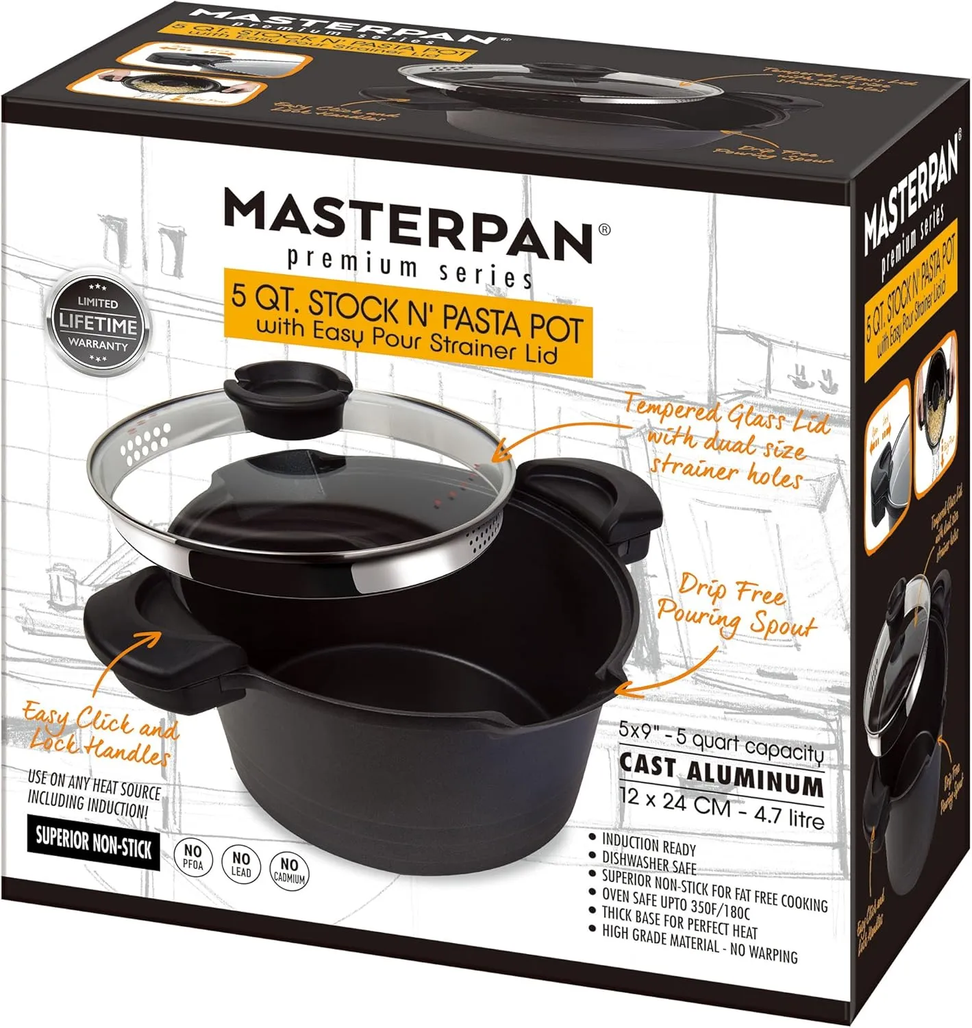 5 QT. Non-Stick Stock N’ Pasta Pot w/ Locking Handles and Easy Pour Strainer, 9”