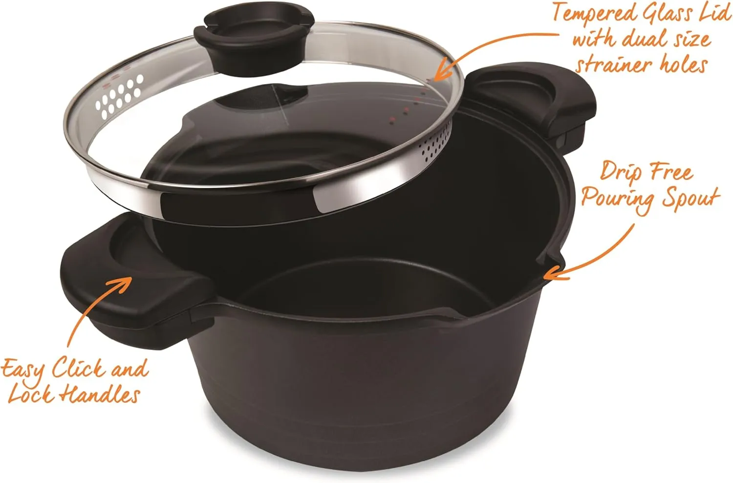 5 QT. Non-Stick Stock N’ Pasta Pot w/ Locking Handles and Easy Pour Strainer, 9”