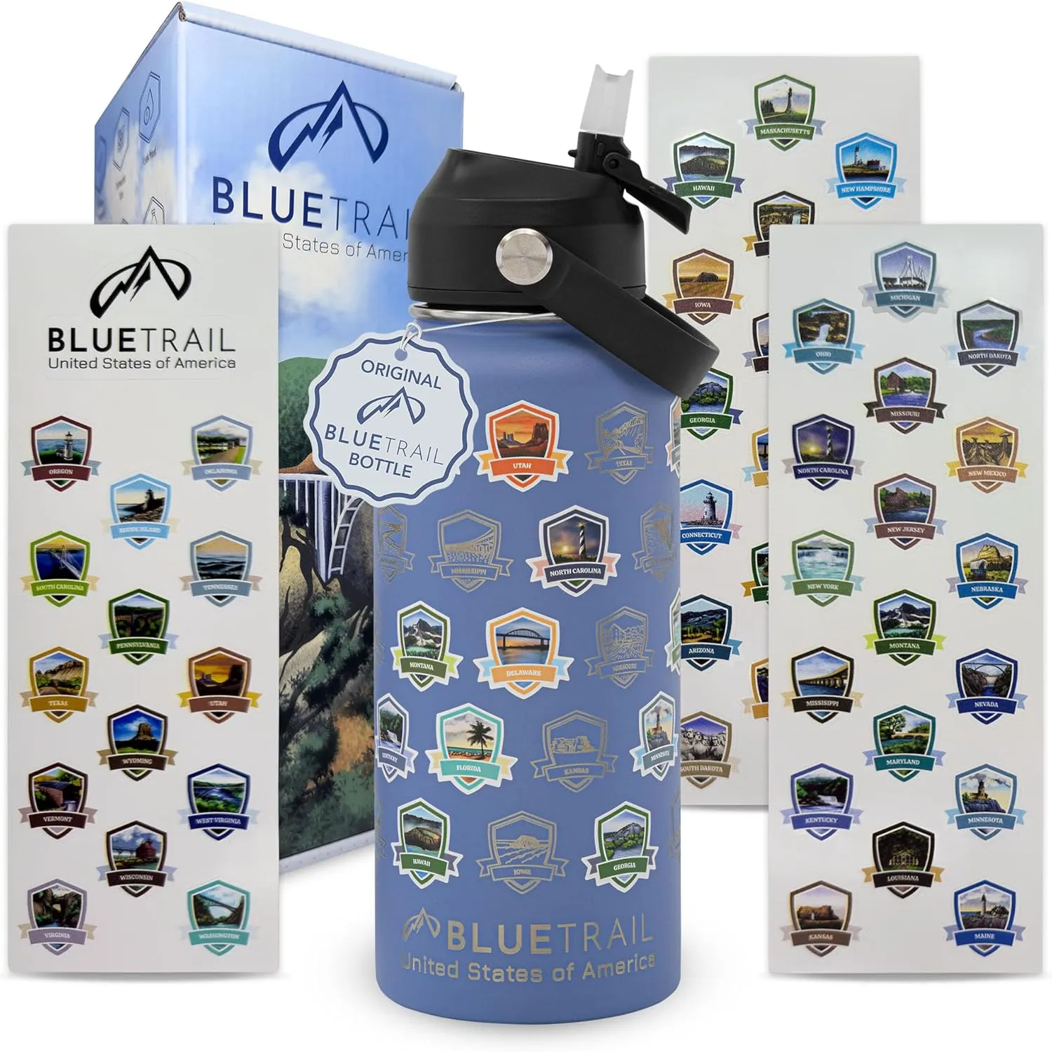 50 States Water Bottle with Stickers - 32 oz Insulated Stainless Steel, Upgraded Leak-Proof Lid, UV & Waterproof Permanent Stickers, Laser Engraved 50 States of the USA (Moonlit Blue)