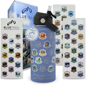 50 States Water Bottle with Stickers - 32 oz Insulated Stainless Steel, Upgraded Leak-Proof Lid, UV & Waterproof Permanent Stickers, Laser Engraved 50 States of the USA (Moonlit Blue)