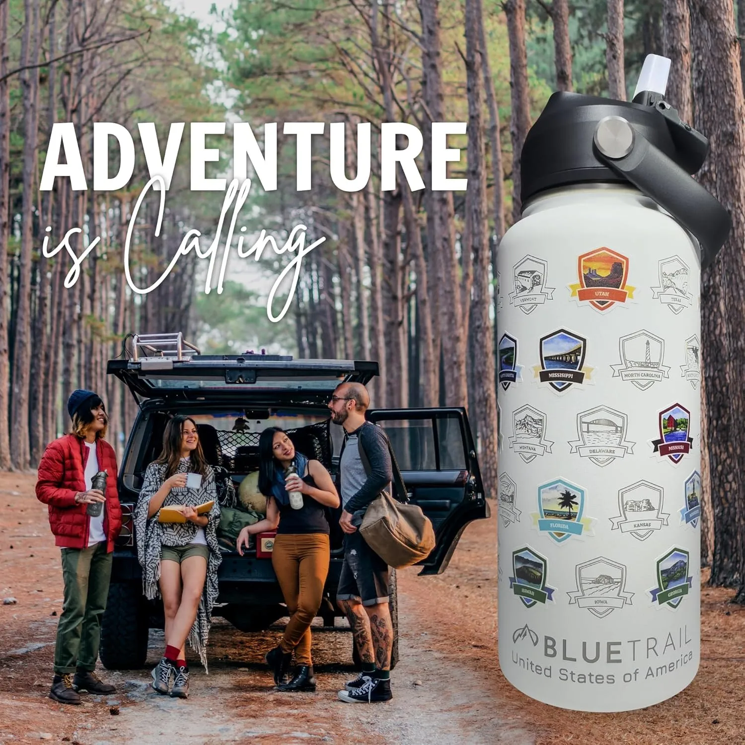 50 States Water Bottle with Stickers - 32 oz Insulated Stainless Steel, Upgraded Leak-Proof Lid, UV & Waterproof Permanent Stickers, Laser Engraved 50 States of the USA (Moonlit Blue)