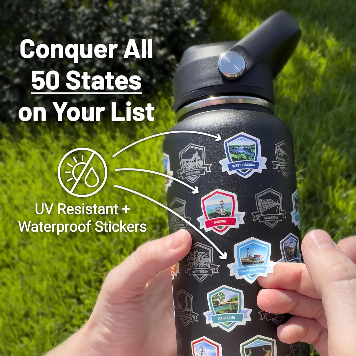 50 States Water Bottle with Stickers - 32 oz Insulated Stainless Steel, Upgraded Leak-Proof Lid, UV & Waterproof Permanent Stickers, Laser Engraved 50 States of the USA (Moonlit Blue)