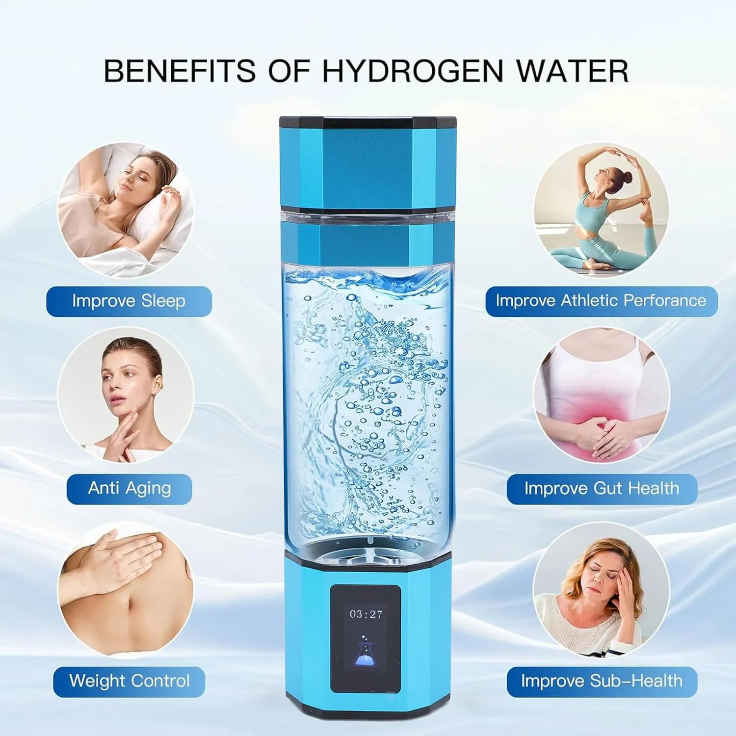 5000ppb Hydrogen Water Bottle, 2 Modes, Portable PCTG Hydrogen Water Generator Cup, for Home Fitness Office Travel, Hydrogen Rich Water Cup with Automatic Backwash (Blue)