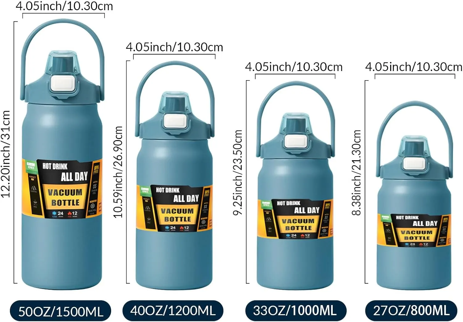50oz /1500ml Insulated Water Bottle With Straw and Leakproof Lid, BPA Free Stainless Steel Wide Mouth Sports Water Bottle Cup With Portable Handle Double Wall Vacuum Keep Cold and Hot (blue)