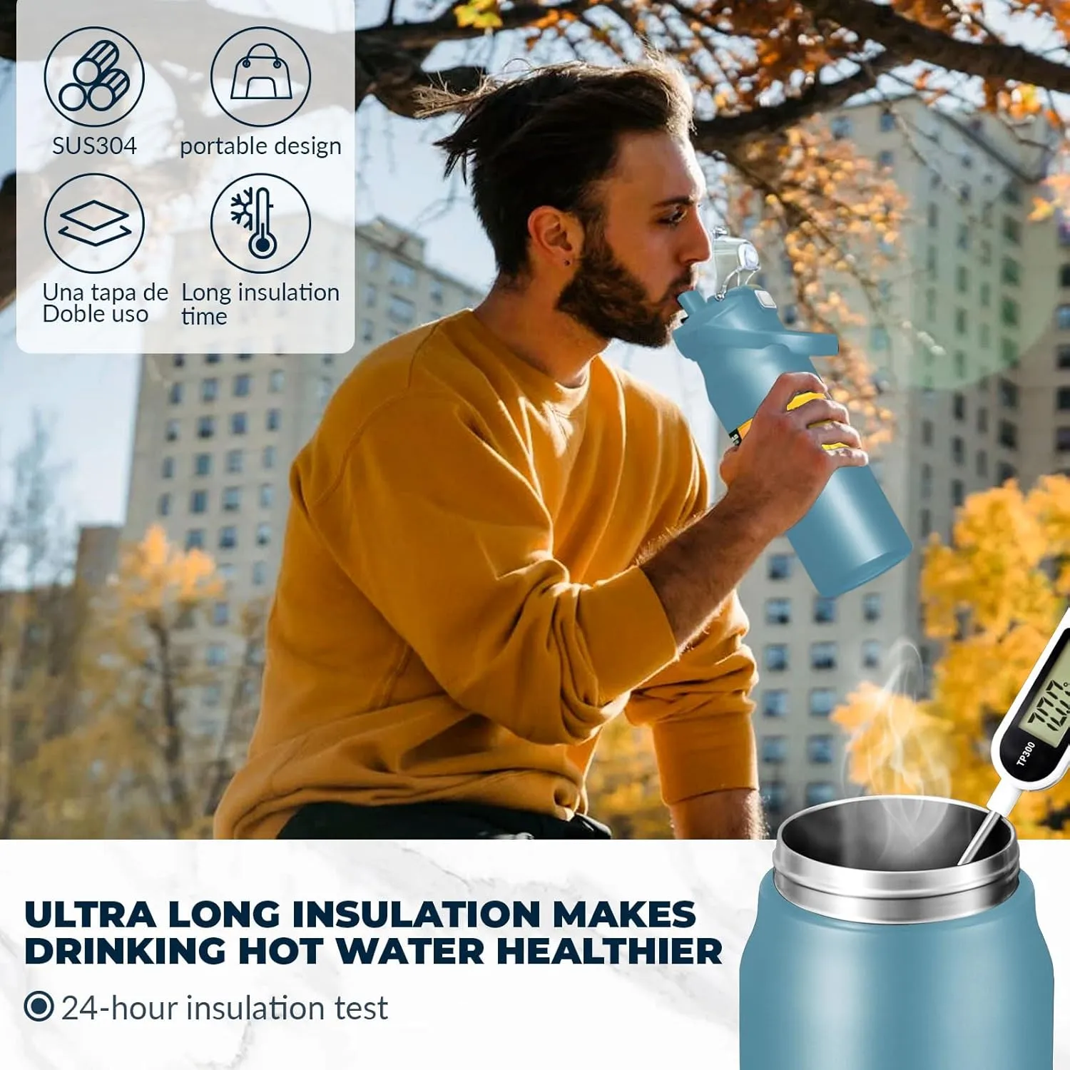 50oz /1500ml Insulated Water Bottle With Straw and Leakproof Lid, BPA Free Stainless Steel Wide Mouth Sports Water Bottle Cup With Portable Handle Double Wall Vacuum Keep Cold and Hot (blue)