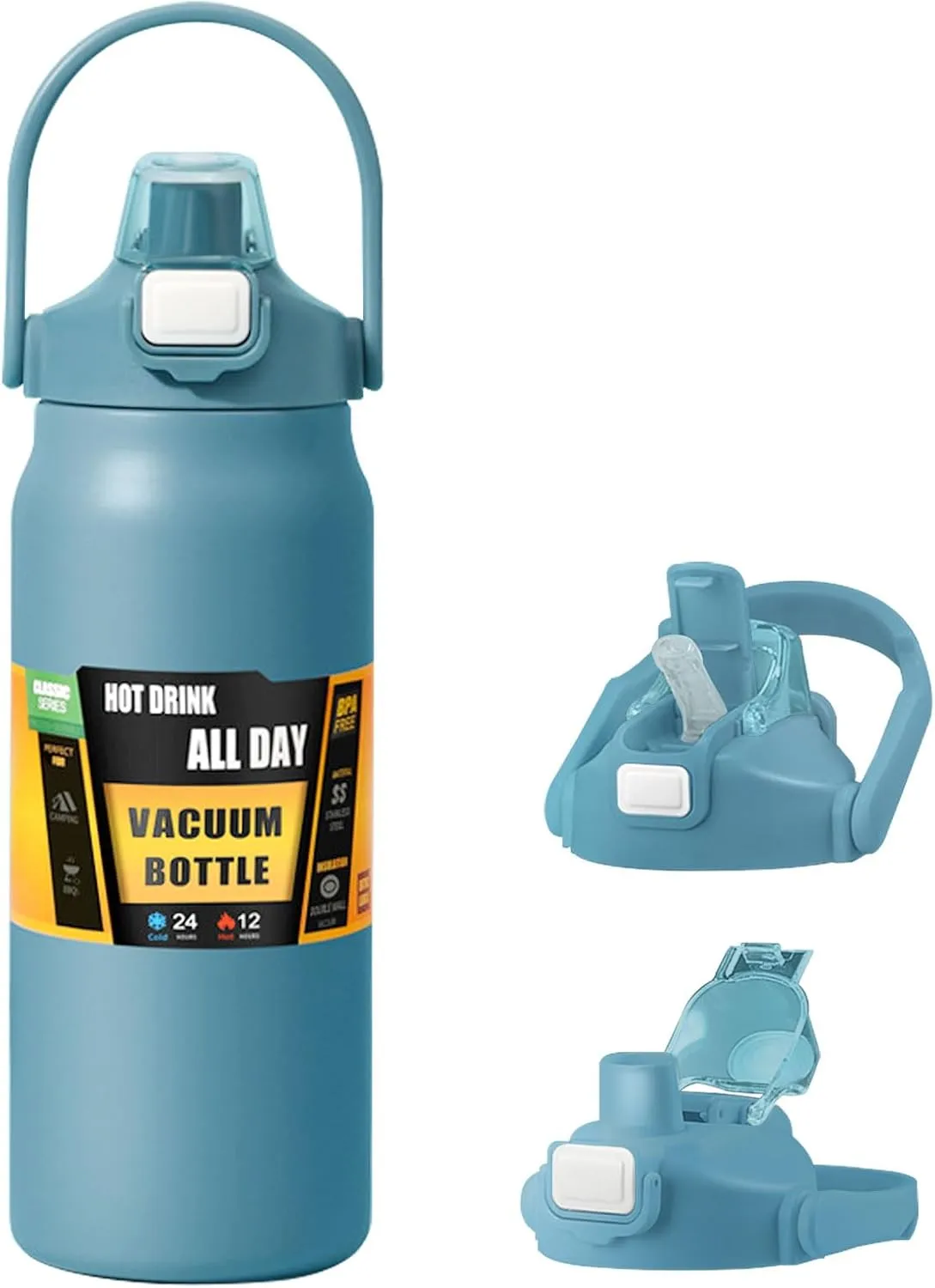 50oz /1500ml Insulated Water Bottle With Straw and Leakproof Lid, BPA Free Stainless Steel Wide Mouth Sports Water Bottle Cup With Portable Handle Double Wall Vacuum Keep Cold and Hot (blue)
