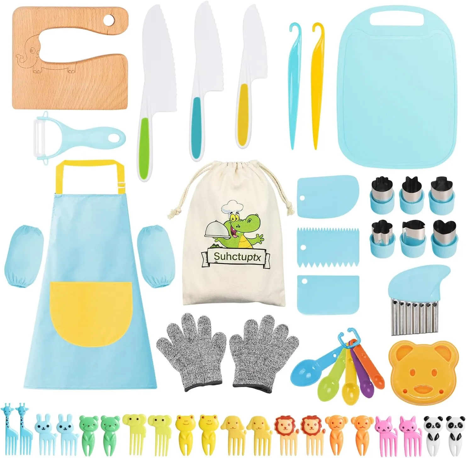 50PCS Toddler Knife Set - Kids Knifes for Real Cooking, Wooden Kids Kitchen Knife Set with Gloves Cutting Board Crinkle Cutters Kid Safe Knives, Toddlers Kitchen Tools