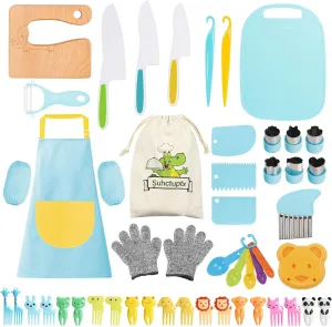50PCS Toddler Knife Set - Kids Knifes for Real Cooking, Wooden Kids Kitchen Knife Set with Gloves Cutting Board Crinkle Cutters Kid Safe Knives, Toddlers Kitchen Tools