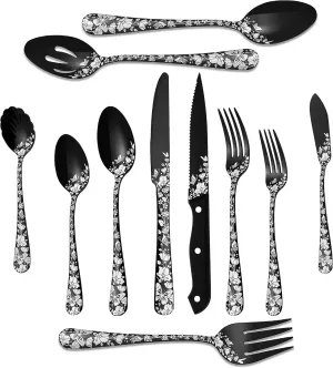 53-Piece Black Silverware Set with Serving Utensils, Stapava Flatware Set for 8, Stainless Steel Cutlery Tableware, Fork Spoon Knife Set, Butterfly Flower Design, Mirror Polish, Dishwasher Safe