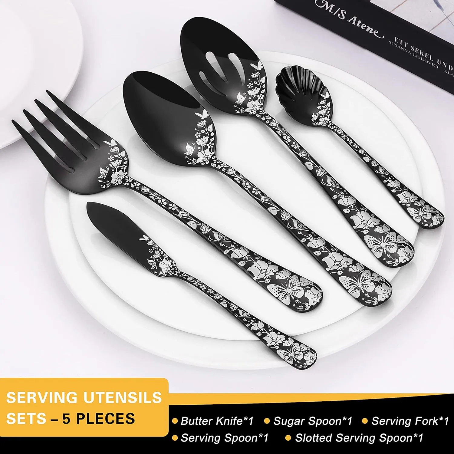 53-Piece Black Silverware Set with Serving Utensils, Stapava Flatware Set for 8, Stainless Steel Cutlery Tableware, Fork Spoon Knife Set, Butterfly Flower Design, Mirror Polish, Dishwasher Safe