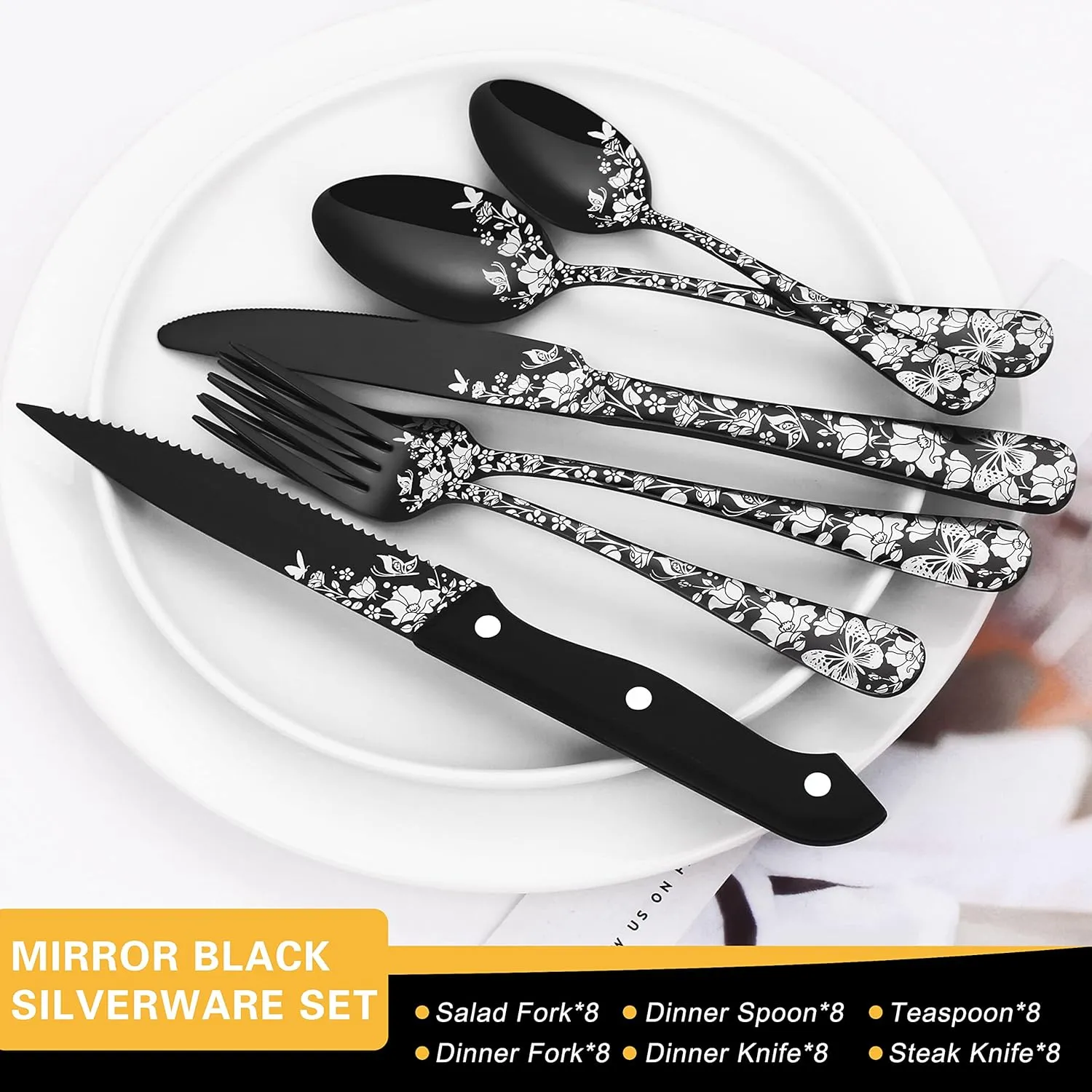 53-Piece Black Silverware Set with Serving Utensils, Stapava Flatware Set for 8, Stainless Steel Cutlery Tableware, Fork Spoon Knife Set, Butterfly Flower Design, Mirror Polish, Dishwasher Safe