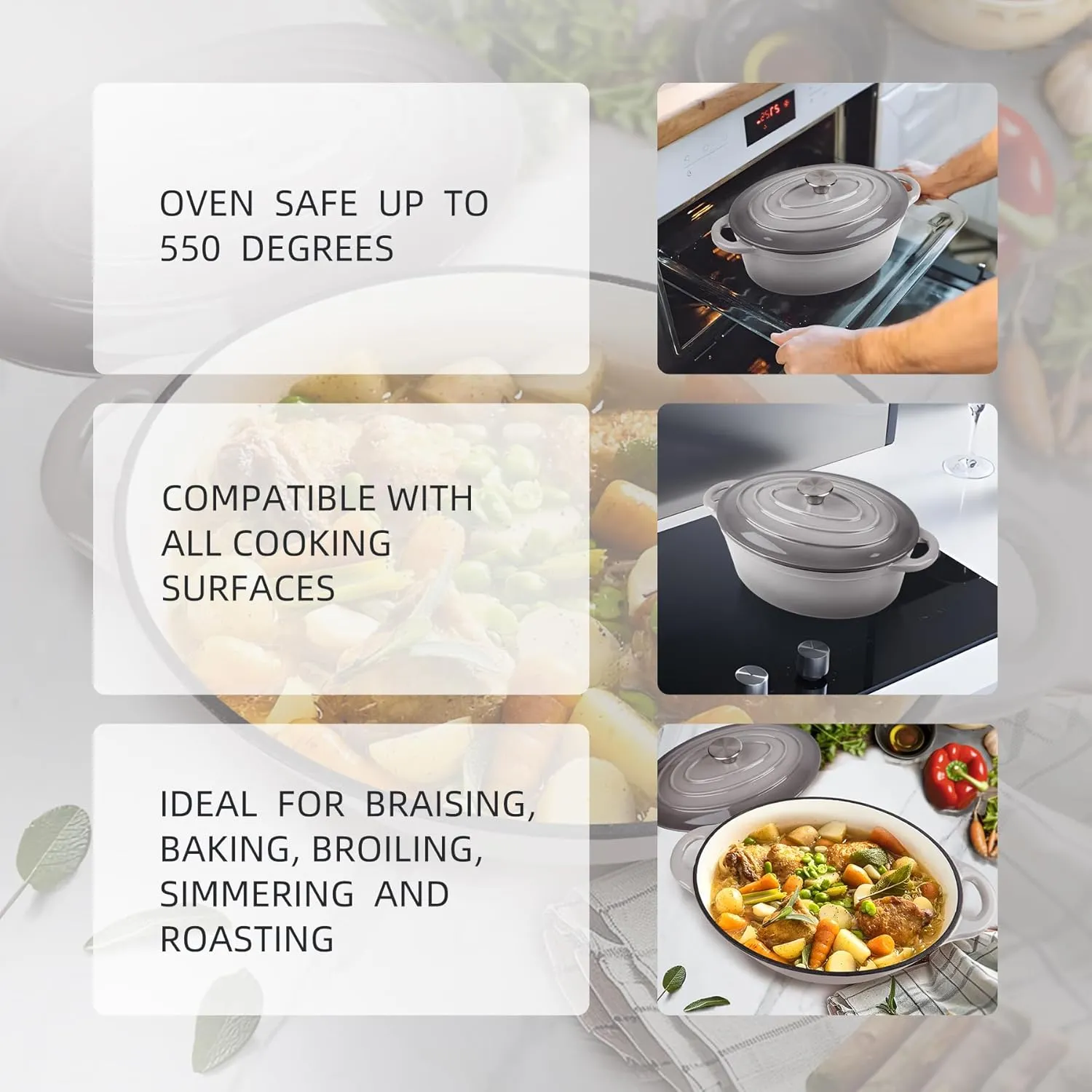 5.5 Quart Oval Enameled Cast Iron Dutch Oven Pot with Lid, Oven Safe up to 550° F & Dishwasher Safe, Sturdy Dutch Oven Cookware