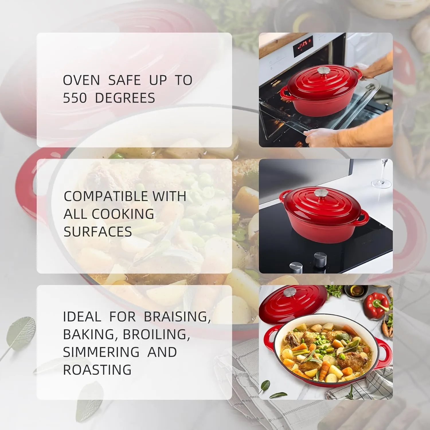 5.5 Quart Oval Enameled Cast Iron Dutch Oven Pot with Lid, Oven Safe up to 550° F & Dishwasher Safe, Sturdy Dutch Oven Cookware
