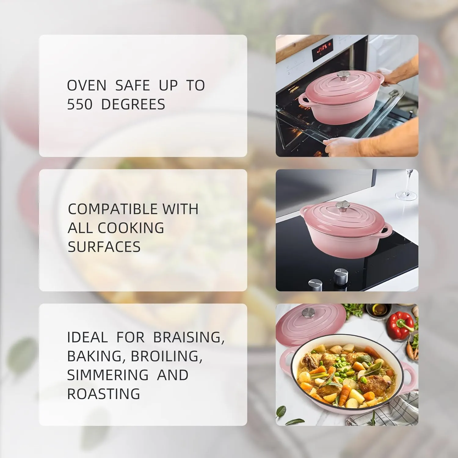 5.5 Quart Oval Enameled Cast Iron Dutch Oven Pot with Lid, Oven Safe up to 550° F & Dishwasher Safe, Sturdy Dutch Oven Cookware
