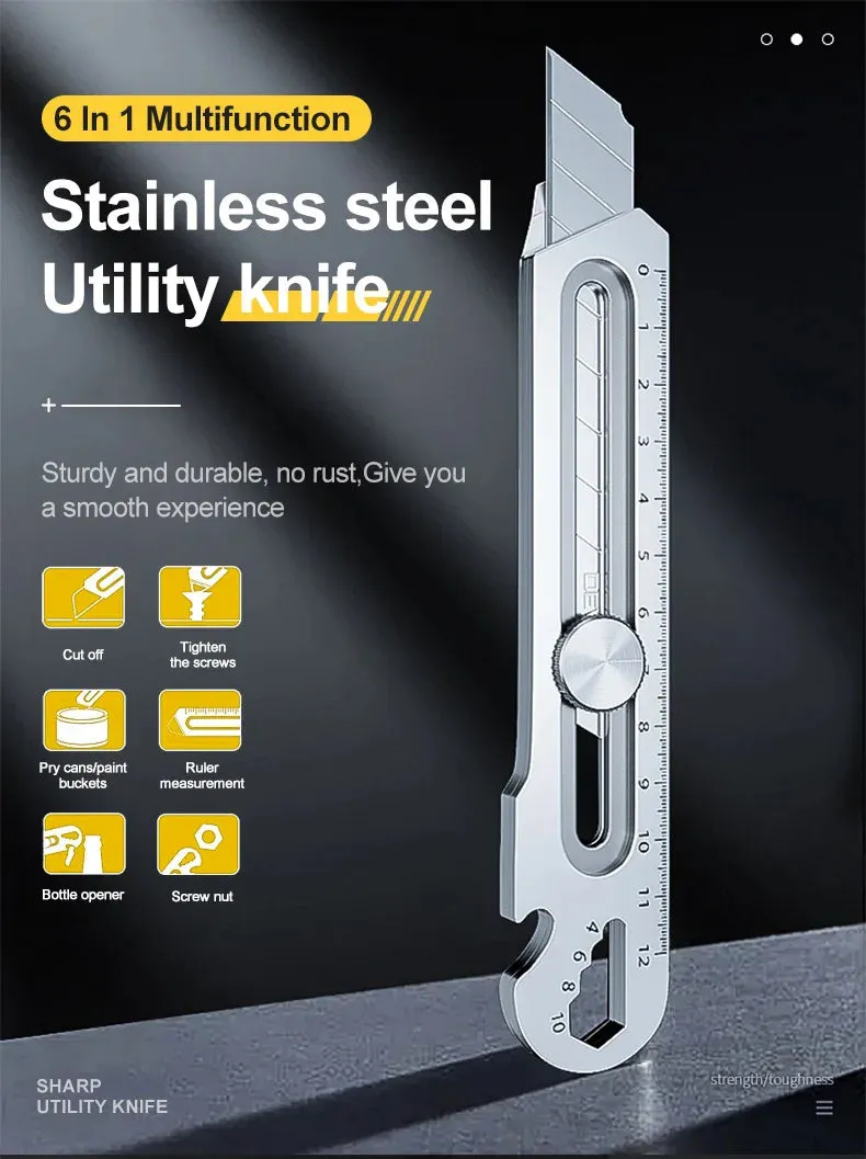 6 in 1 SK5 Steel Utility Knife Opener Retractable Box Cutter Portable Office Home Outdoor Sharp Cut Paper Fabric Film Foam Board Wood Rubber Plastic