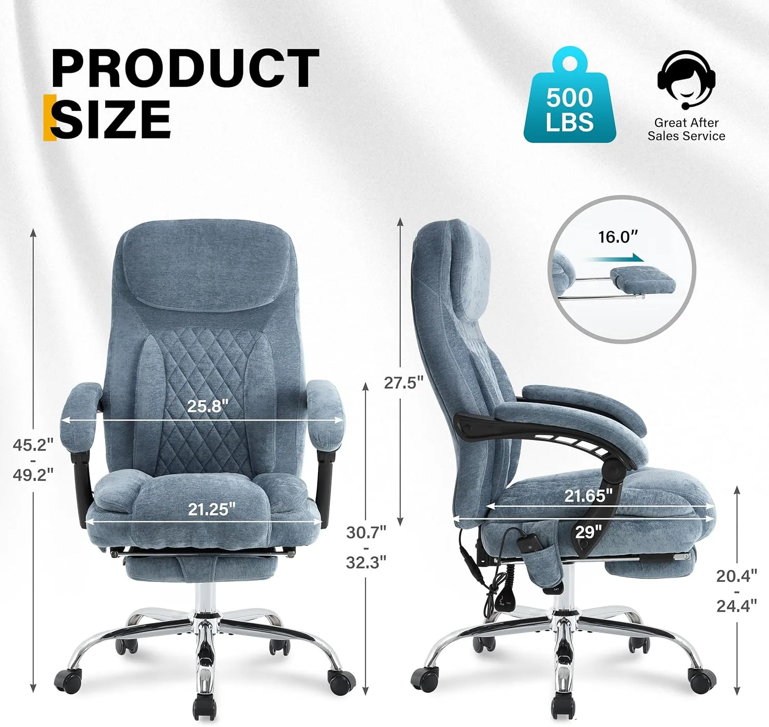 6-Point Massage Office Chair with Heated, Ergonomic Desk Chairs with Footrest & 135°Reclining High Back, Big and Tall Executive Offices Chair 500LBS, Thick Cushion Gaming Chair for Home Office, Blue