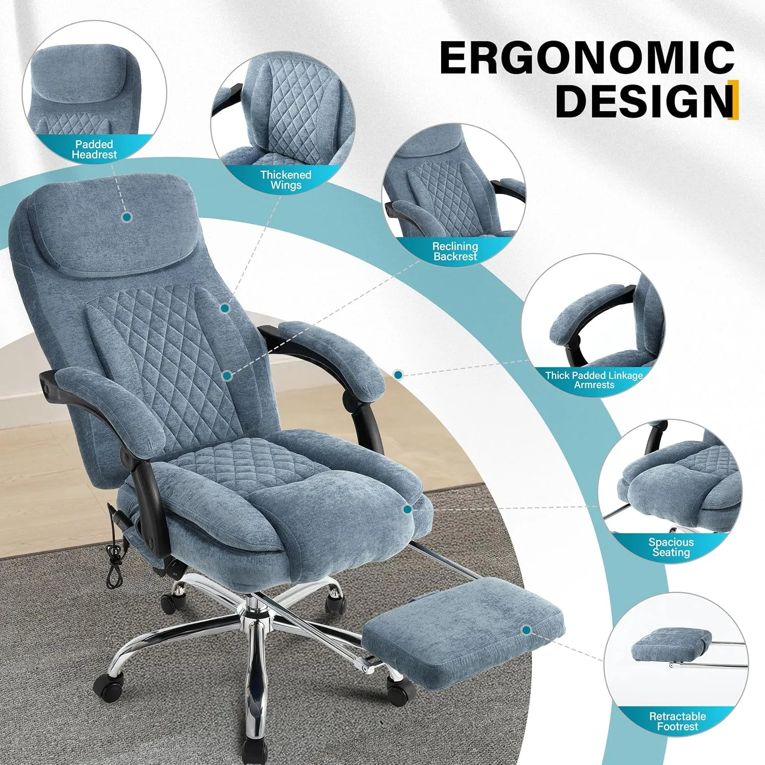 6-Point Massage Office Chair with Heated, Ergonomic Desk Chairs with Footrest & 135°Reclining High Back, Big and Tall Executive Offices Chair 500LBS, Thick Cushion Gaming Chair for Home Office, Blue