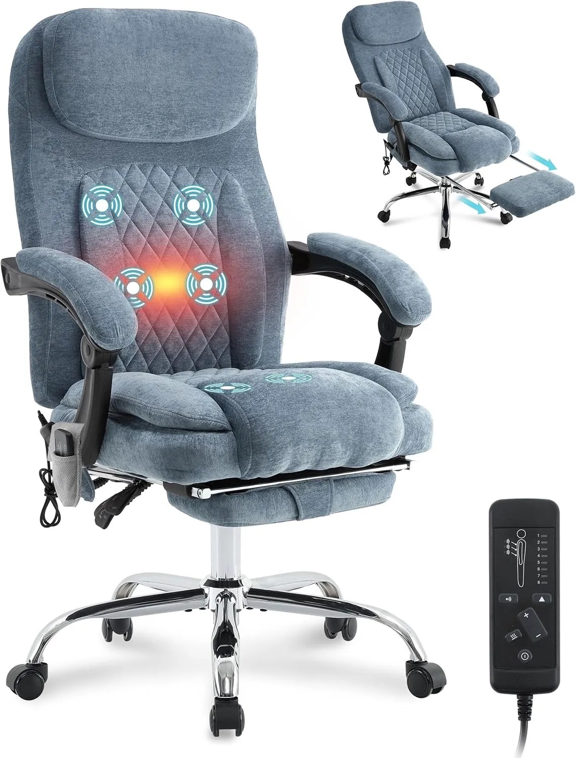 6-Point Massage Office Chair with Heated, Ergonomic Desk Chairs with Footrest & 135°Reclining High Back, Big and Tall Executive Offices Chair 500LBS, Thick Cushion Gaming Chair for Home Office, Blue
