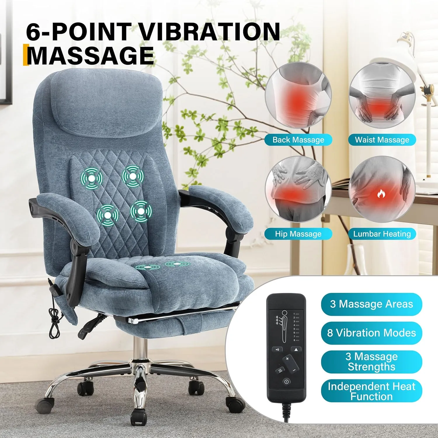 6-Point Massage Office Chair with Heated, Ergonomic Desk Chairs with Footrest & 135°Reclining High Back, Big and Tall Executive Offices Chair 500LBS, Thick Cushion Gaming Chair for Home Office, Blue