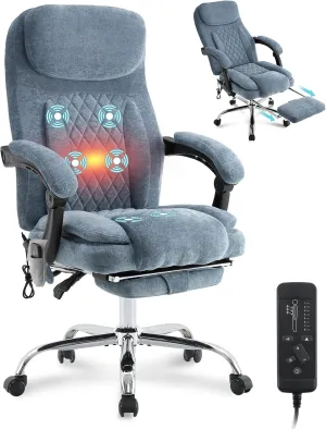 6-Point Massage Office Chair with Heated, Ergonomic Desk Chairs with Footrest & 135°Reclining High Back, Big and Tall Executive Offices Chair 500LBS, Thick Cushion Gaming Chair for Home Office, Blue