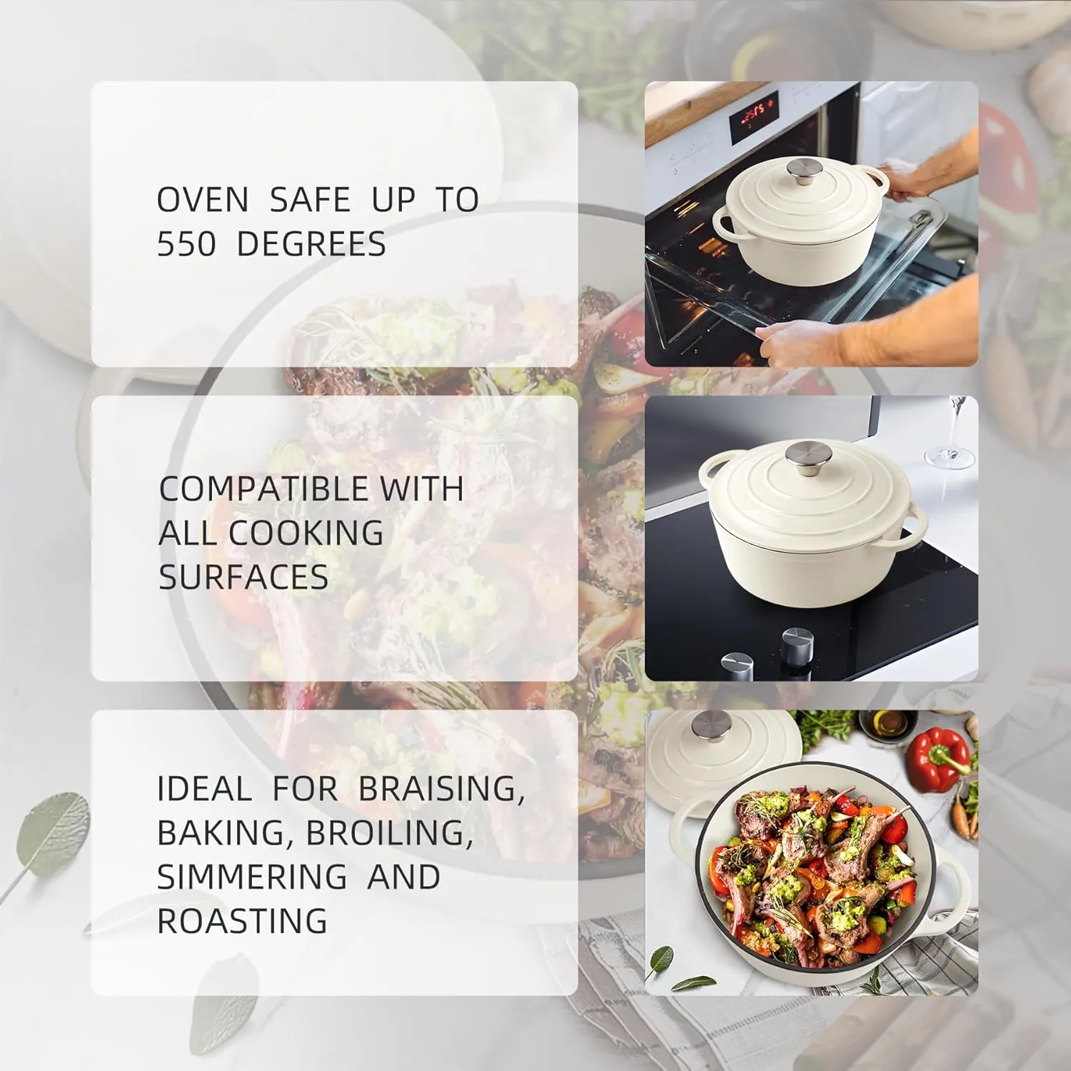 6 Quart Dutch Oven Enameled Cast Iron with Lid - Big Dual Handles - Oven Safe up to 500°F - Classic Round Pot for Versatile Cooking Cream