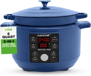 6 Quart Electric Dutch Oven | 1500W 5-in-1 Enamel Coated Cast Iron Pot with Stainless Steel Lid | Precise Temperature Control | Includes 2 Silicone Pot Holders & Heat Resistant Pad | Blue
