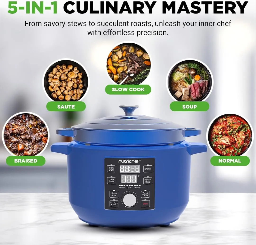 6 Quart Electric Dutch Oven | 1500W 5-in-1 Enamel Coated Cast Iron Pot with Stainless Steel Lid | Precise Temperature Control | Includes 2 Silicone Pot Holders & Heat Resistant Pad | Blue