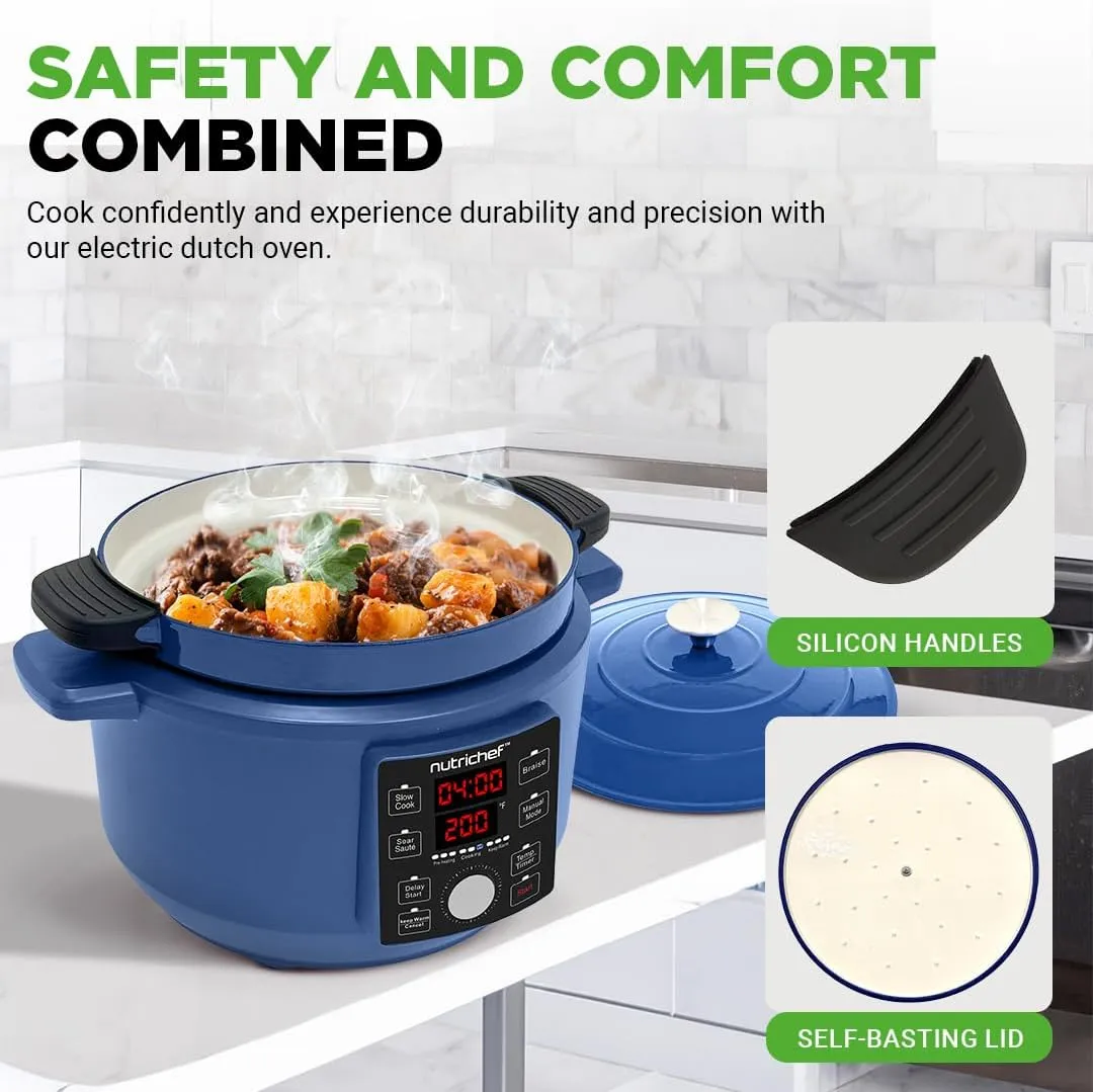6 Quart Electric Dutch Oven | 1500W 5-in-1 Enamel Coated Cast Iron Pot with Stainless Steel Lid | Precise Temperature Control | Includes 2 Silicone Pot Holders & Heat Resistant Pad | Blue
