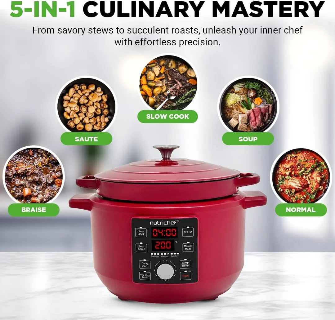 6 Quart Electric Dutch Oven | 1500W 5-in-1 Enamel Coated Cast Iron Pot with Stainless Steel Lid | Precise Temperature Control | Includes 2 Silicone Pot Holders & Heat Resistant Pad | Red