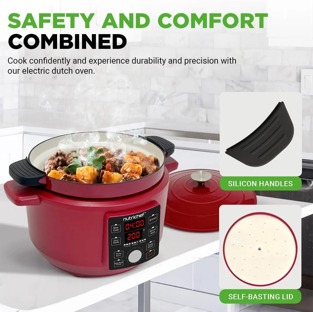 6 Quart Electric Dutch Oven | 1500W 5-in-1 Enamel Coated Cast Iron Pot with Stainless Steel Lid | Precise Temperature Control | Includes 2 Silicone Pot Holders & Heat Resistant Pad | Red