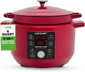 6 Quart Electric Dutch Oven | 1500W 5-in-1 Enamel Coated Cast Iron Pot with Stainless Steel Lid | Precise Temperature Control | Includes 2 Silicone Pot Holders & Heat Resistant Pad | Red
