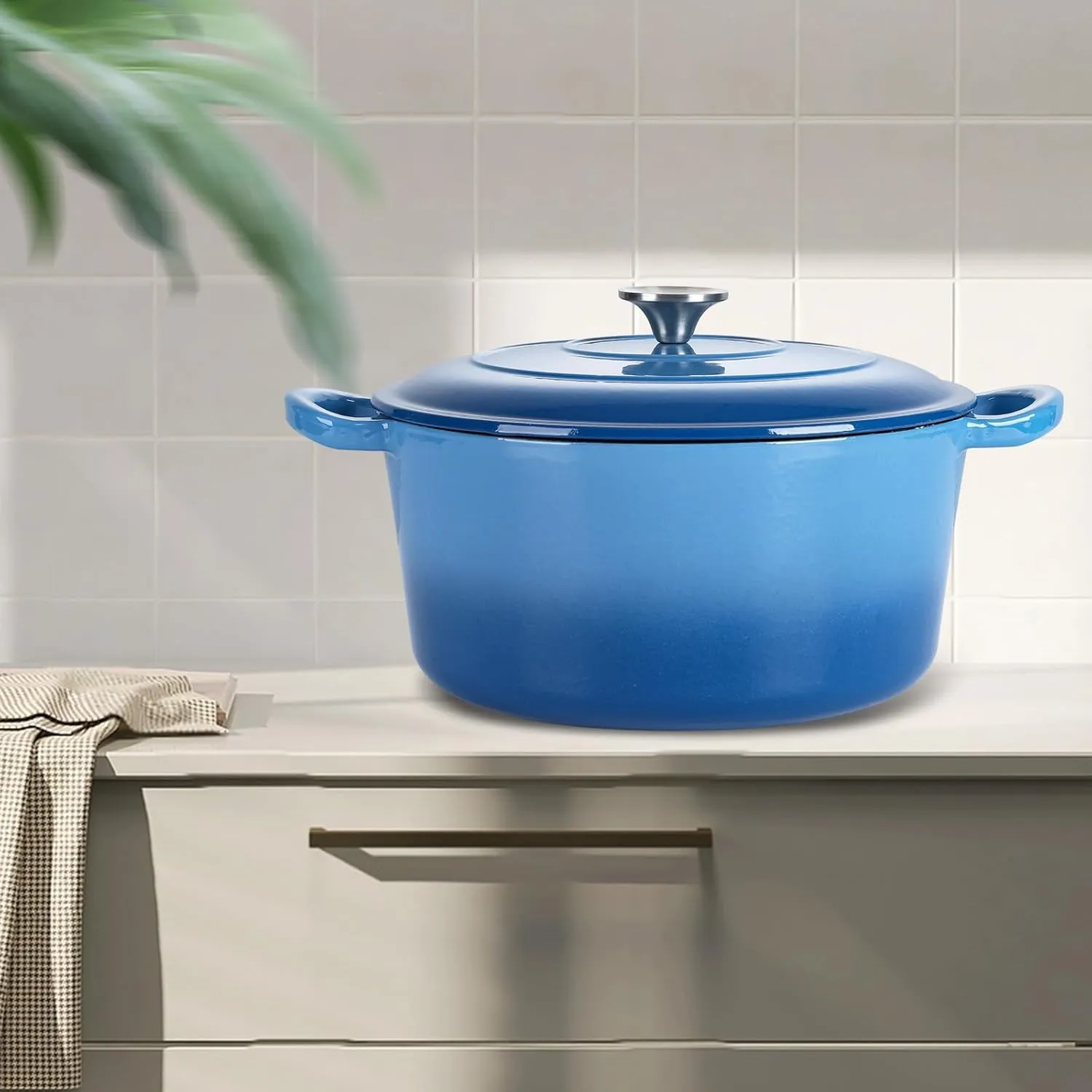 6 Quart Round Dutch Oven with Lid, Leonyo 6QT Enameled Cast Iron Dutch Oven for Sourdough Bread Baking, Heavy Duty Cookware for Braising, Stews, Roasting, Blue