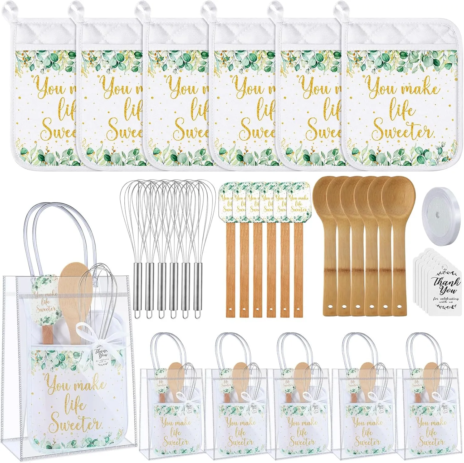 6 Sets Baby Shower Game Prizes for Winners Potholder Silicone Spatula Bamboo Spoon Whisk Gift Bag Set Gifts for Guests Games Prize Wedding Bridal Baby Shower Favors(Eucalyptus)