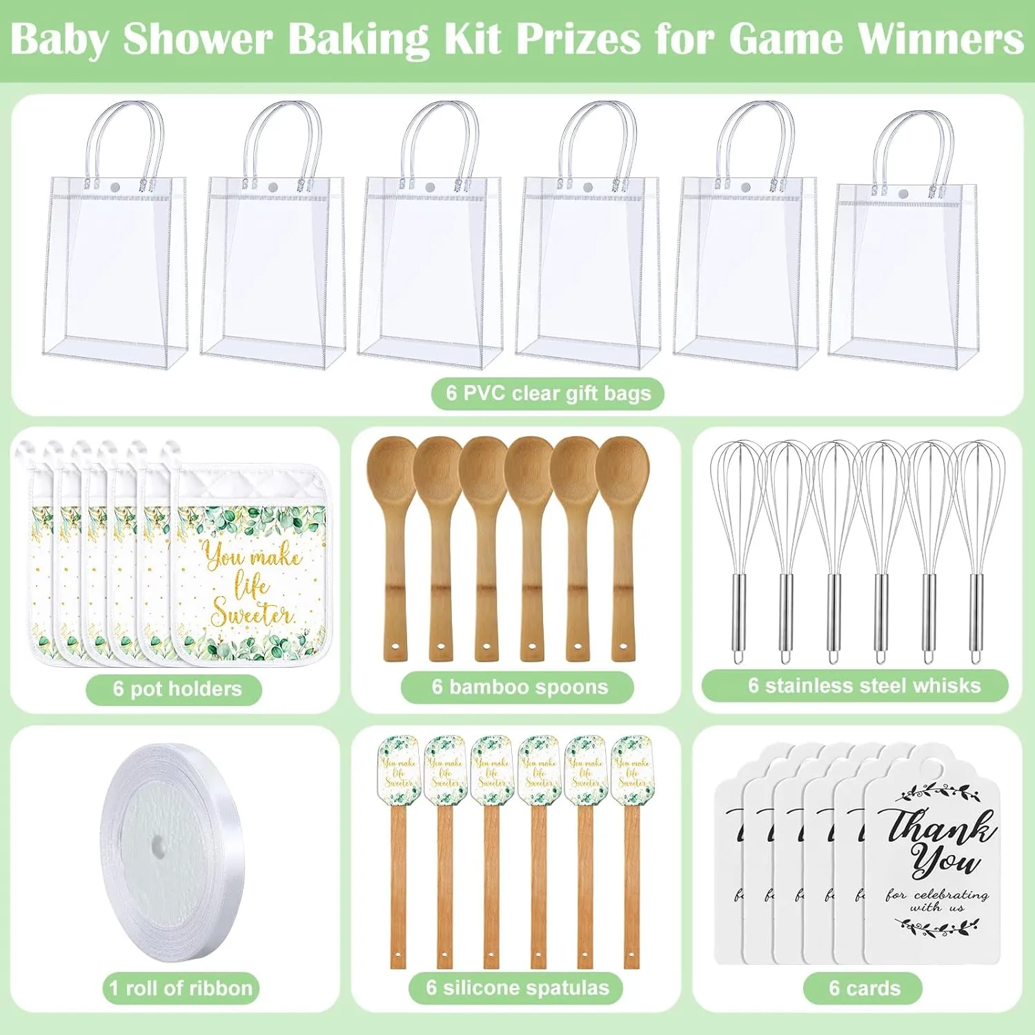 6 Sets Baby Shower Game Prizes for Winners Potholder Silicone Spatula Bamboo Spoon Whisk Gift Bag Set Gifts for Guests Games Prize Wedding Bridal Baby Shower Favors(Eucalyptus)