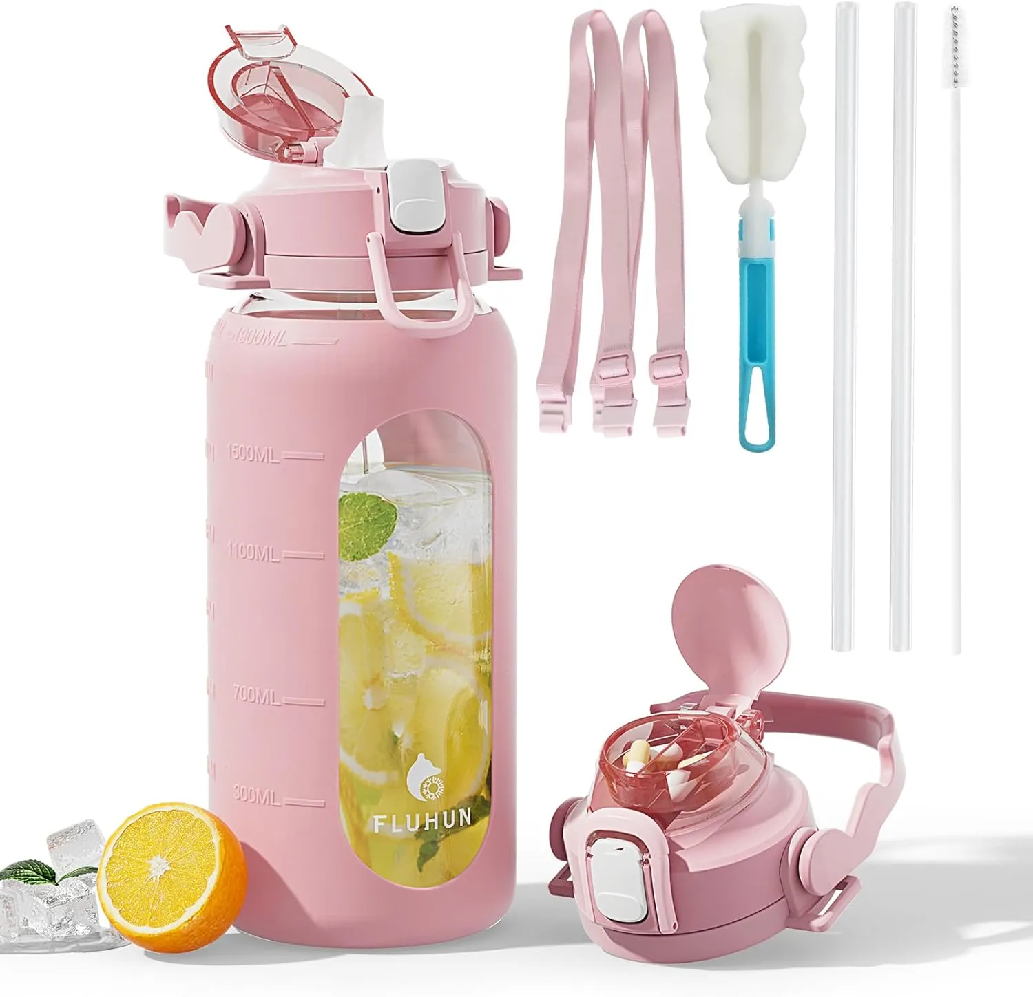 64 Oz Glass Water Bottles with Straw Lid and Handle, Half Gallon Water Bottle Glass with Silicone Sleeve and Strap, Motivational Glass Bottle with Time Marker, Leakproof Sport Water Jug (Pink)