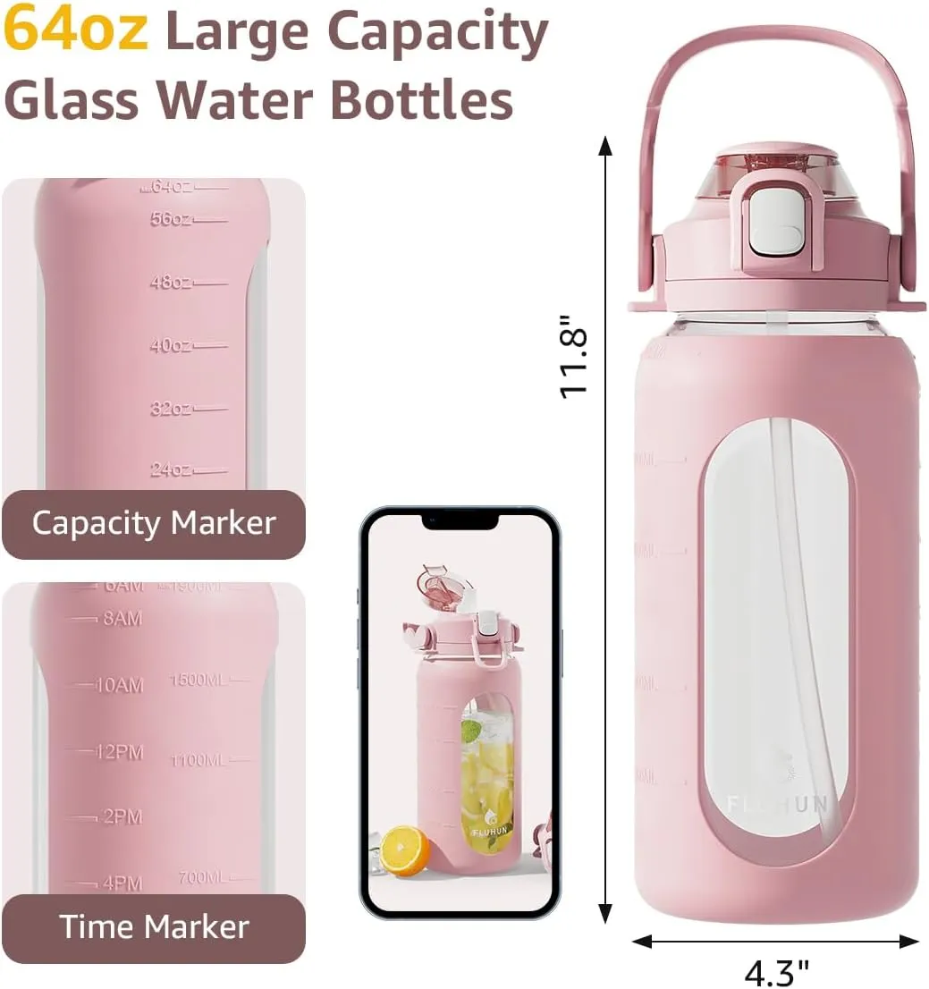 64 Oz Glass Water Bottles with Straw Lid and Handle, Half Gallon Water Bottle Glass with Silicone Sleeve and Strap, Motivational Glass Bottle with Time Marker, Leakproof Sport Water Jug (Pink)