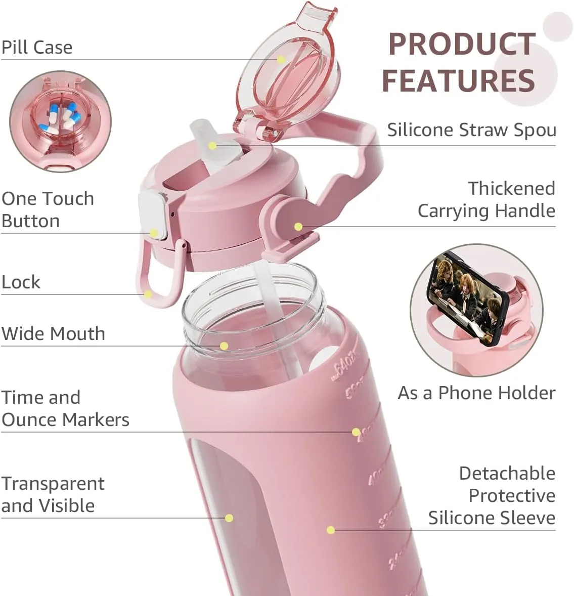 64 Oz Glass Water Bottles with Straw Lid and Handle, Half Gallon Water Bottle Glass with Silicone Sleeve and Strap, Motivational Glass Bottle with Time Marker, Leakproof Sport Water Jug (Pink)