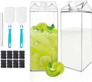 64 Oz Large Clear Milk Carton Container Plastic Square Milk Water Bottle Milk Container for Refrigerator for Outdoor Climbing Tour or Camping (2 Pcs)